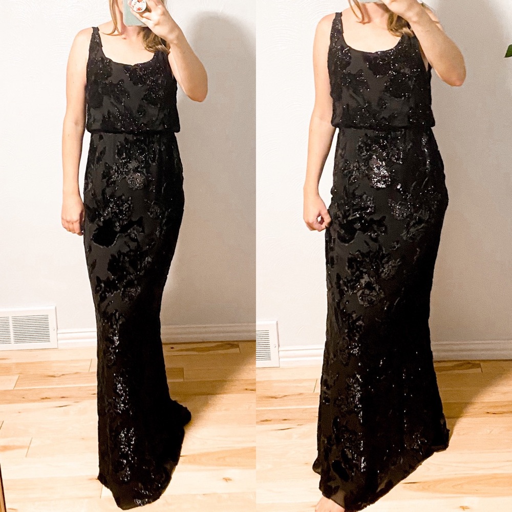 Alice + Olivia Cowl Back Formal Dress Silk Black Blouson Gown Shimmer Floral 2